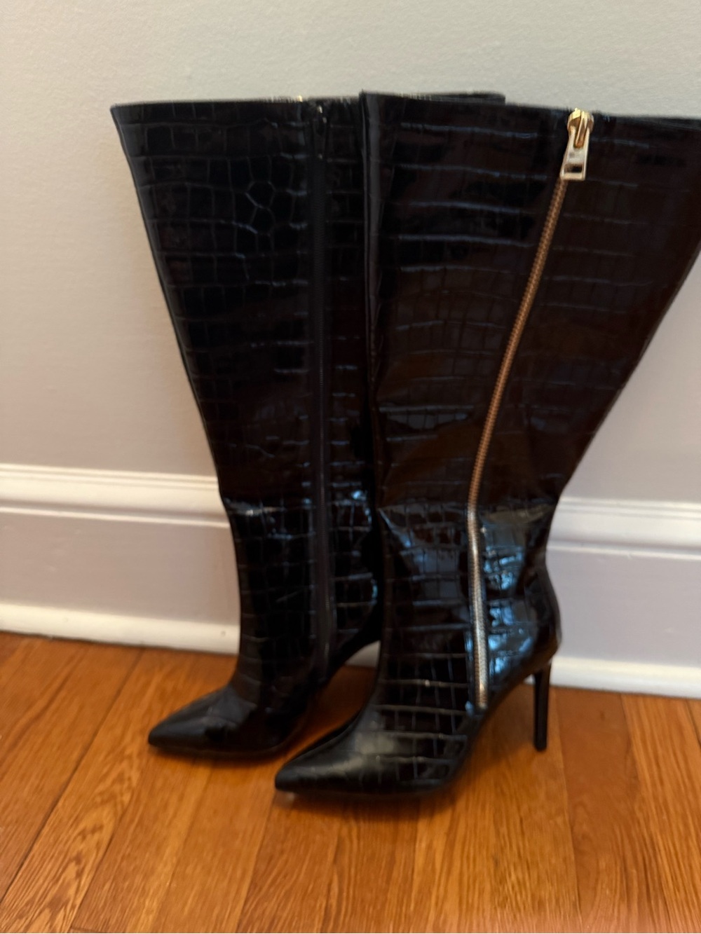 INC International Concepts Black Croc-Embossed Pointed Knee Boots with Gold Zip